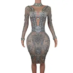 Sexy Stage Sparkly Silver Rhinestones Short Dresses Women Dancer Celebrate Evening Outfit Birthday Backless Dress Zuanshiyaodai