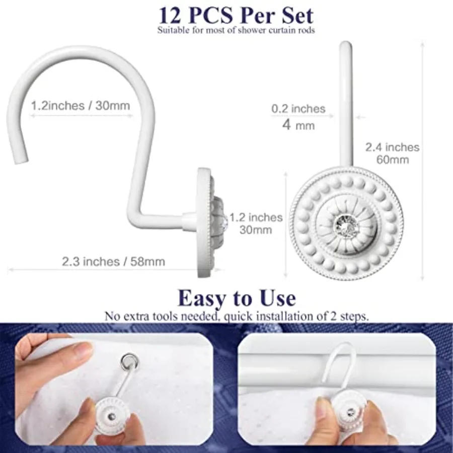 Shower Curtain Hooks, Rust Proof Shower Curtain Rings for Bathroom, Metal Decorative Shower Curtain Hooks Hangers for Shower Cu - view 6