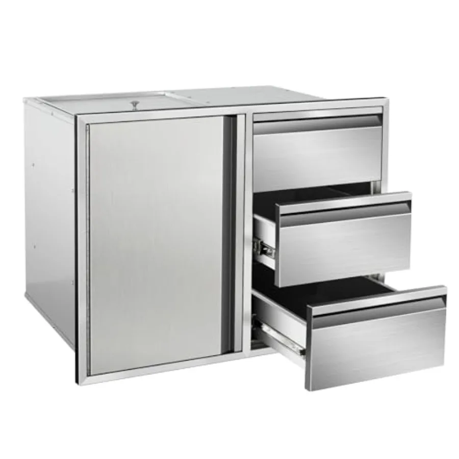 

Outdoor Kitchen Door Drawer Combo 28 W x 22 H x 19.5 D with Stainless Steel Handles BBQ Access Door Triple Drawers Black Finish