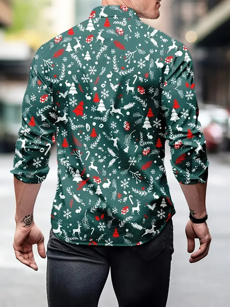 New Year Party red Shirt Christmas Elk Men's Long Sleeves Shirt 3D Printed Long Sleeve Top Casual Christmas festival Men's Shirt