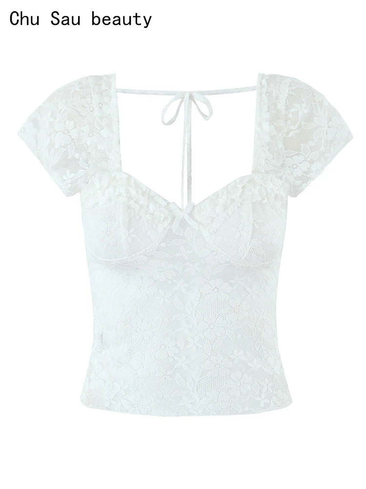 تشو ساو بيوتي 2025 تي شيرت نسائي أنيق من الدانتيل أنيق بفيونكة مقصوصة عتيقة برقبة على شكل حرف v وأكمام قصيرة تي شيرت مثير ضيق بدون ظهر #1