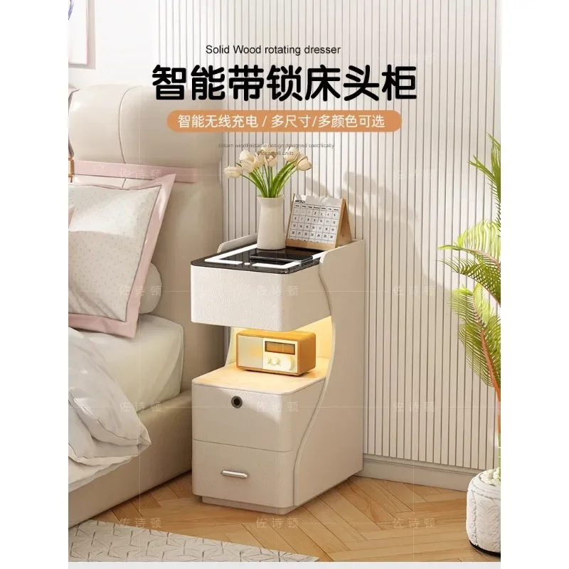 beige bedside table, small cabinet, smart with fingerprint lock, mini 2024 new designer small cabinet, low cabinet.