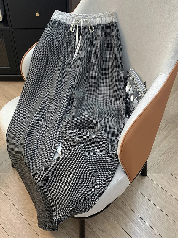 하이웨이스트 와이드 레그 팬츠 여성 여름 경량 코튼 린넨 캐주얼 스트레이트 컷 루즈 롱 트라우저 컬러 블록 체크