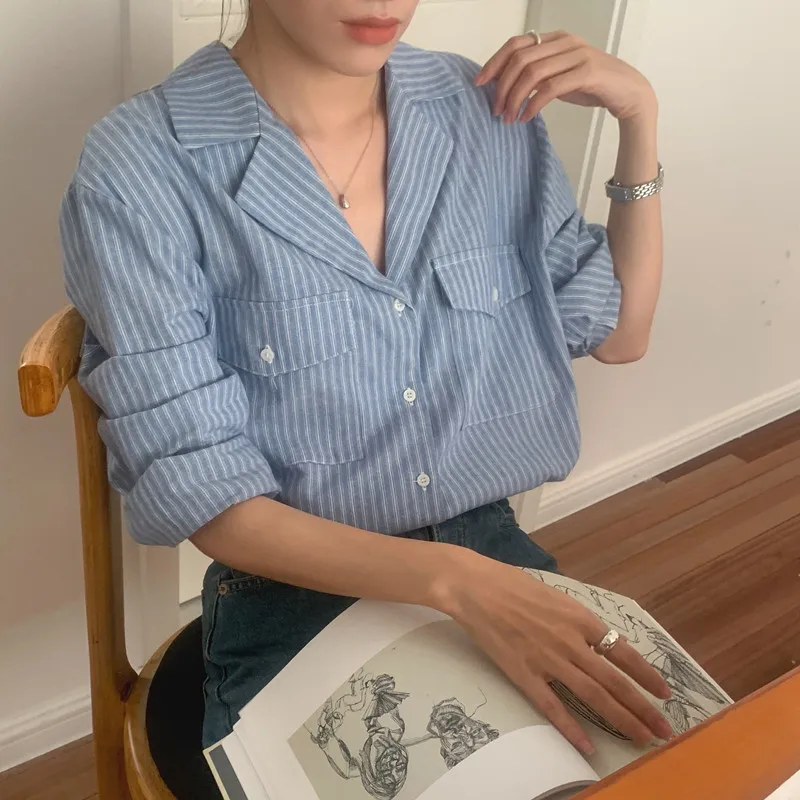 Spring Autumn Women's Striped Turn-down Collar Button Solid Pockets Long Sleeve Cardigan Shirt Vintage Casual Elegant Tops