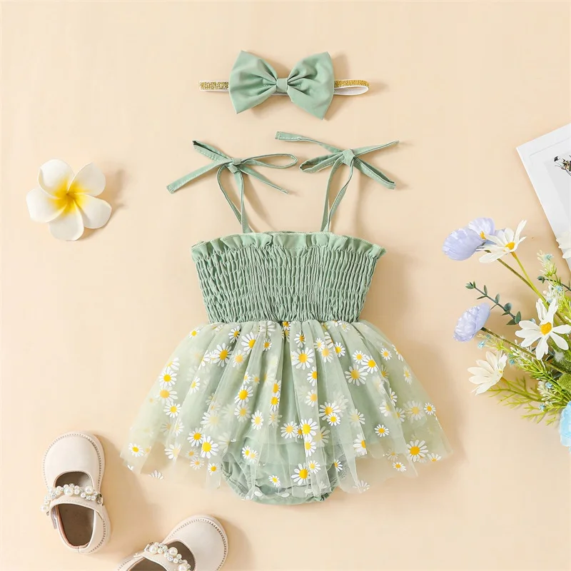 Conjunto de mameluco para niñas, vestido plisado de tul con estampado de flores y tirantes finos, vestido acampanado con diadema con lazo