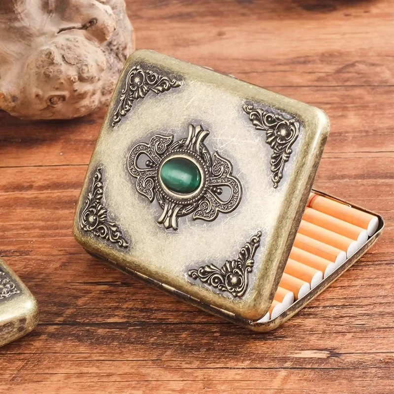 

Чехол для хранения сигарет, винтажный рельефный нефритовый емкость, 20 шт., карманный металлический держатель для сигарет, винтажные рельефные перо, мужские подарочные коробки