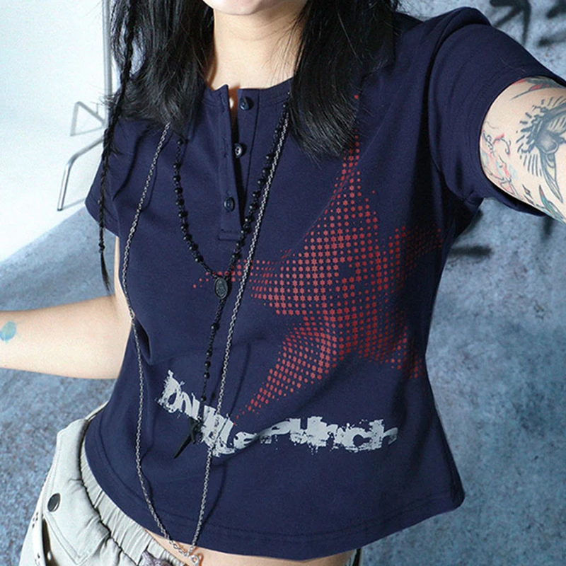 Xingqing-Top corto Harajuku de estilo japonés con patrón de estrella, camisetas de manga corta con cuello redondo, camiseta gráfica y2k, ropa de calle para mujer