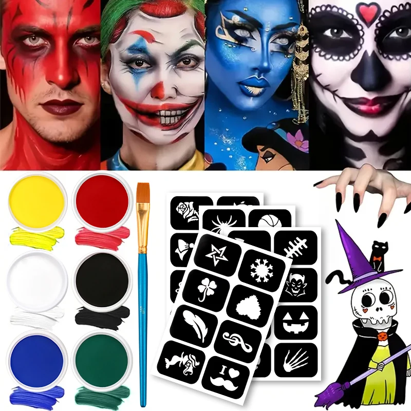 6色モノクロフェイスペイントブラシセット、子供用パーティー水性フェイスペイントセット、ハロウィンボディメイクパレット