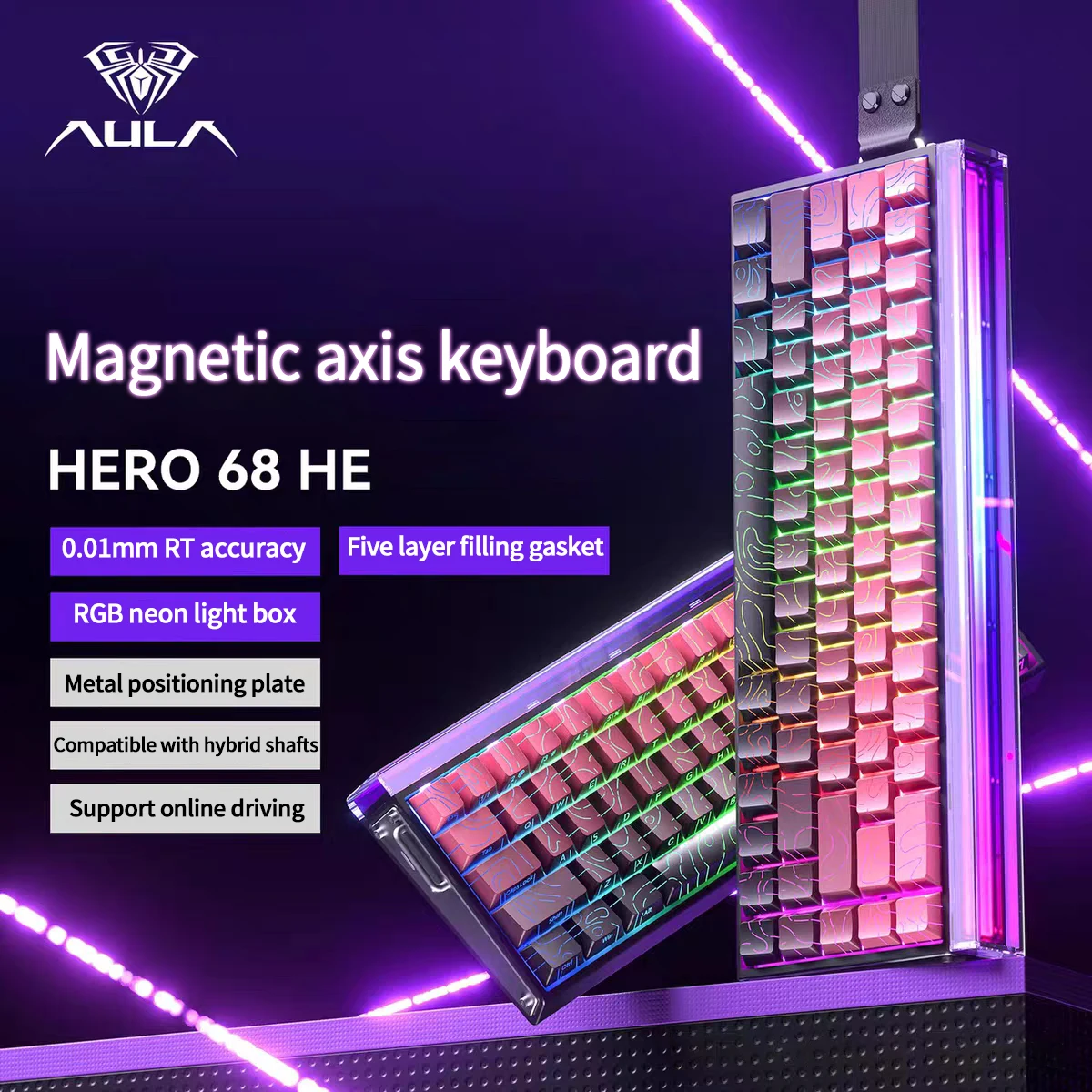 

Игровая клавиатура AULA HERO 68 HE с магнитными переключателями, проводная, 60%, RGB, с возможностью горячей замены, частота опроса 8K, настраиваемая, для киберспорта