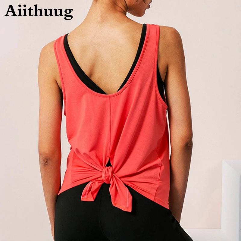 Aiithuug U Neck Knotting Design Yoga Vest Women's High Elasticity Breathable Loose Tank Top Workout Running Athletic Yoga Shirts