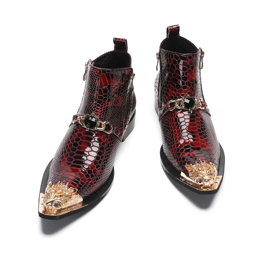 fashion metal pointed toe real leather ankle boots for men zipper motorcycle short boots male club party dress shoes plus size - view 3
