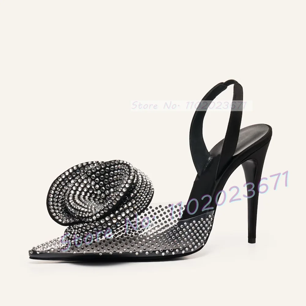 Pointy Rhinestone kwiat sandały z pcw kobiety Slingback przezroczyste wysokie sandały na obcasie letnie Runway kobiece luksusowe buty i zabawy