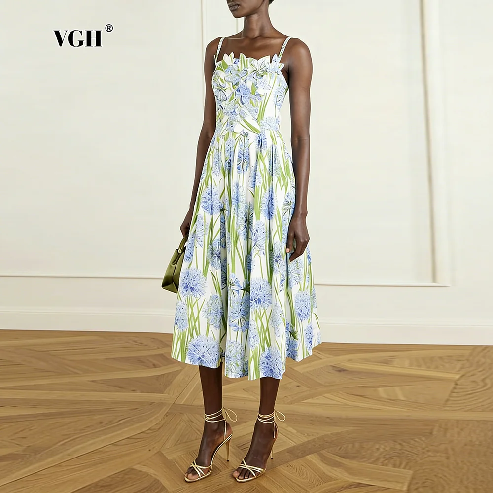VGH 프렌치 엘레강트 플로럴 미디 드레스 여성용 스파게티 스트랩 스퀘어 칼라 3D 꽃잎 장식 캐주얼 드레스 봄 소풍용
