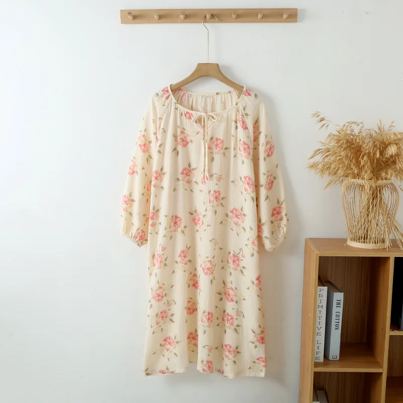 

Crinkle 100% Cotton Sleep Dress - Round Neck Long Sleeve Lounge Gown Breathable Gauze Nightgown Pullover Sleepwear