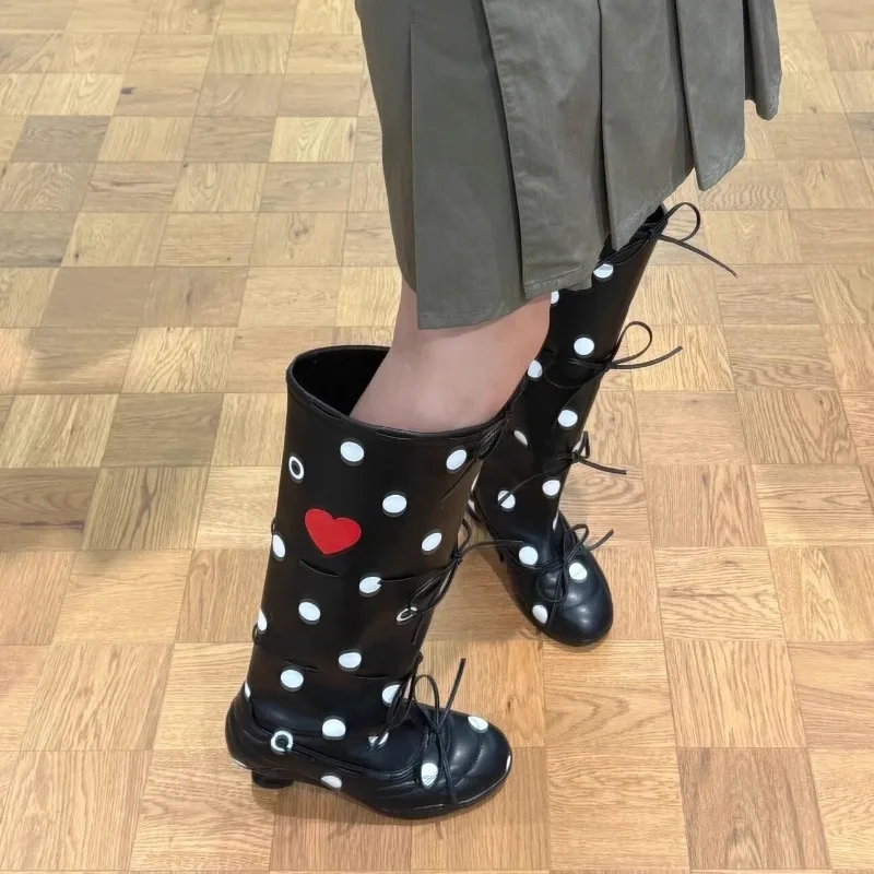 Strap Ballet Ankle Boots for Women, 2026 Autumn-winter Fashion, High Heel, Polka Dot, Long Boots image 5