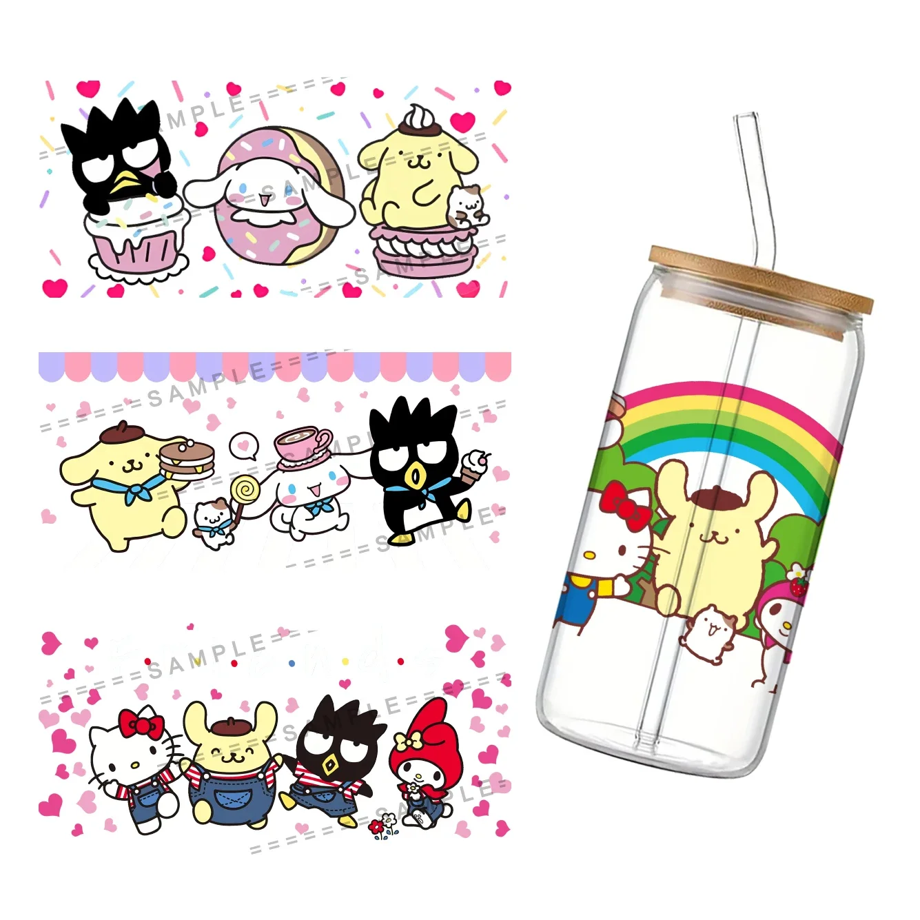 Sticker Uv Dtf Overdracht Sanrio Schattige Karakters Voor 16Oz Wrap Glazen Bekers Hoge Temperatuur Weerstand Diy Waterdichte Aangepaste Stickers