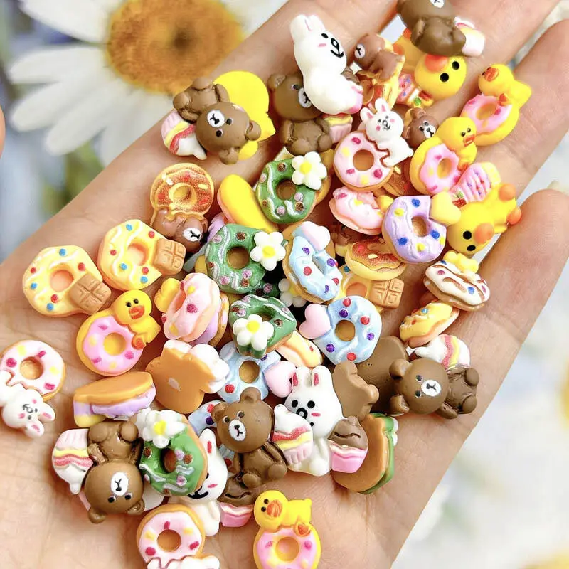 20PCS Cartoon Colored Donuts Resin Nail Art Decorations Painted Animal Cakes Desserts Nail Charms for Making DIY Manicure Crafts