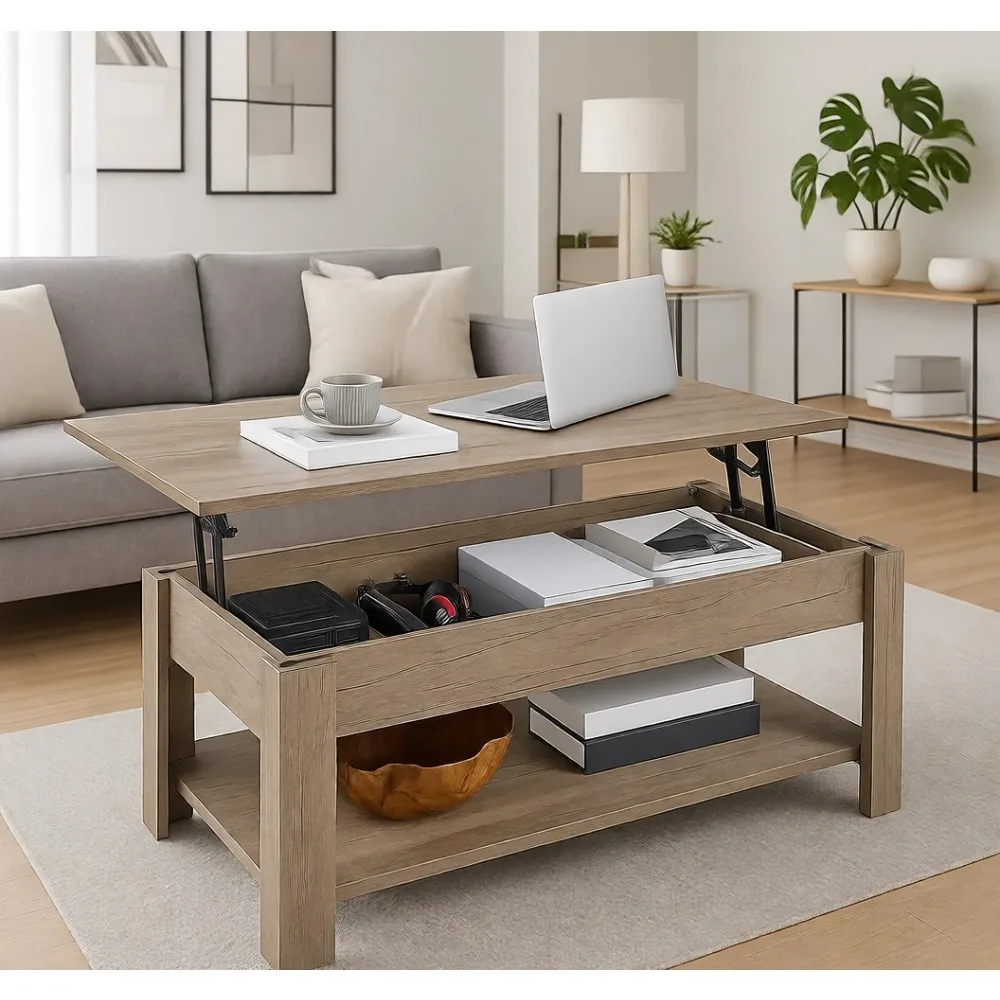 Lift Top Coffee Table with Hidden Storage and Shelf, Gray, 38.6"