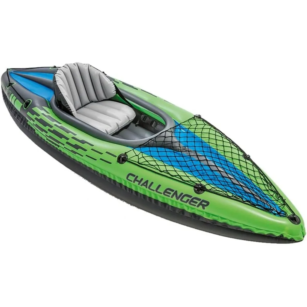 Challenger K1 Kayak 1 Man Inflatable Canoe with Aluminum Oars and Hand Pump, Green/Blue