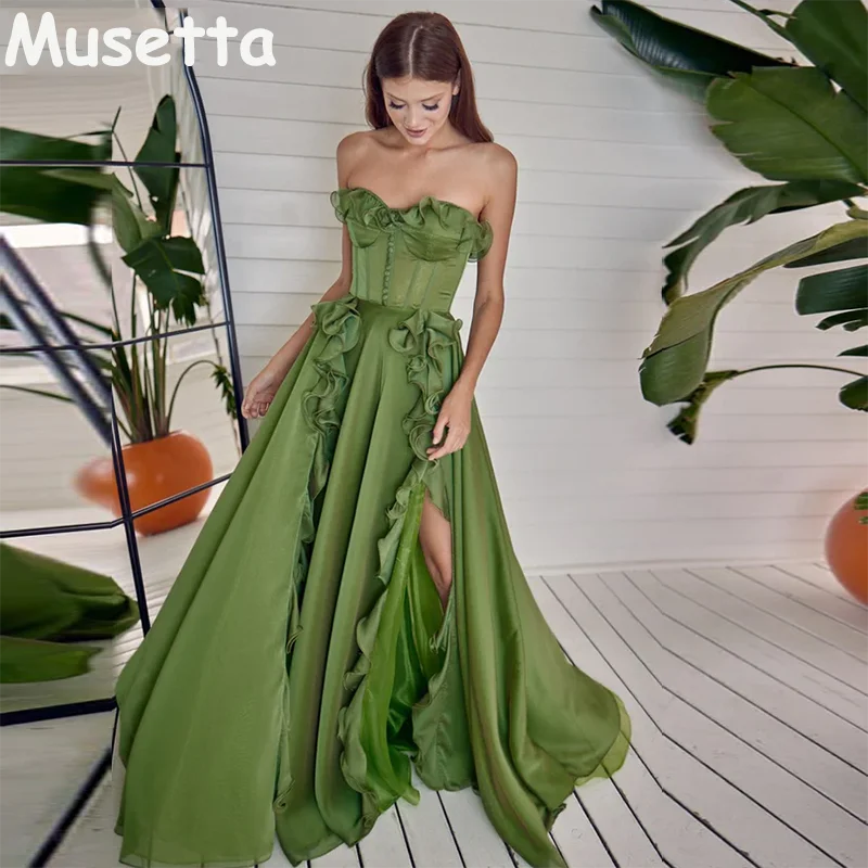 Musetta Green Strapless Lovely Long Prom Dress Ruffle Split Evening Dresses Backless Lace Up Women Formal Party Gown Customized