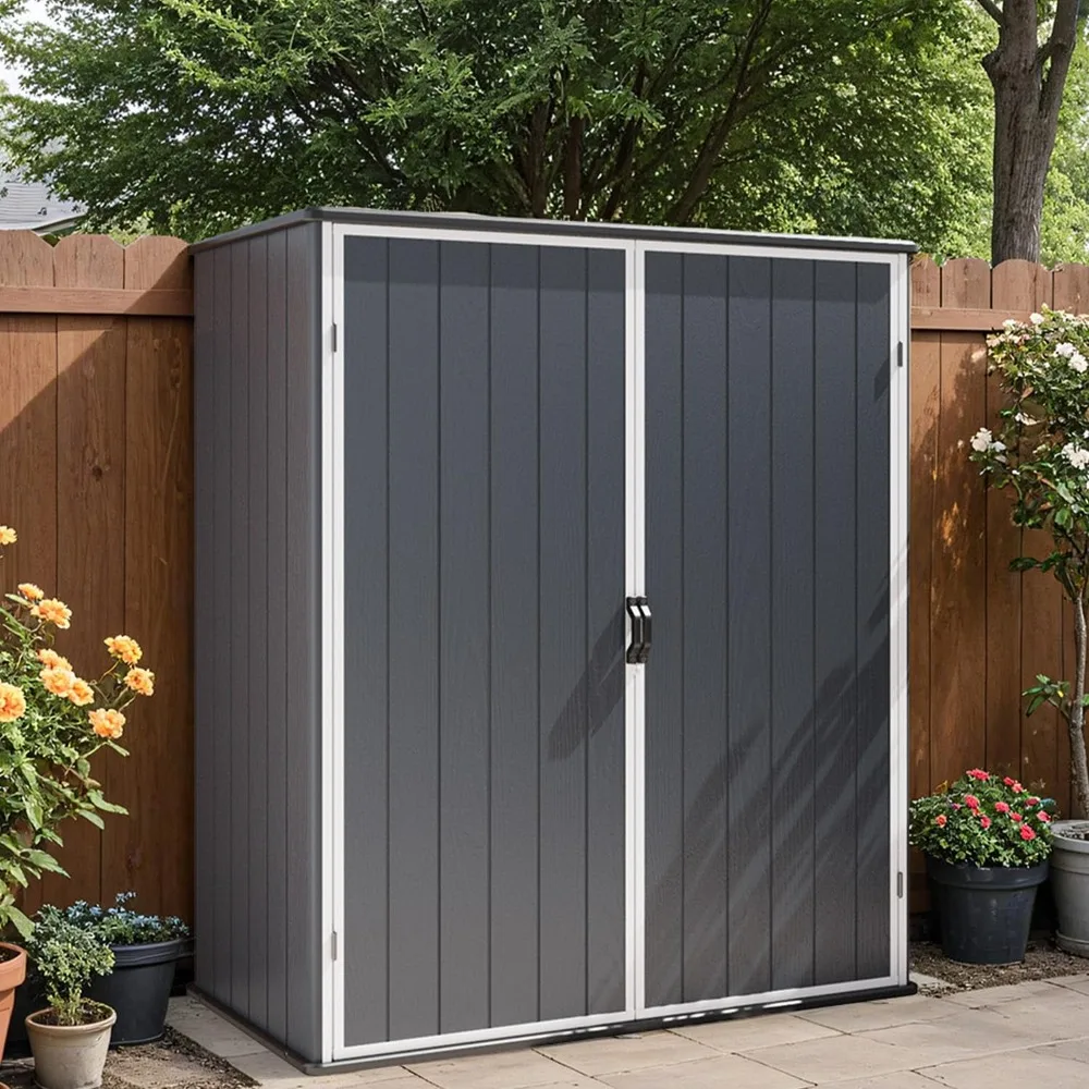 5 x 3 FT Plastic Outdoor Storage Shed, Resin Waterproof Cabinet with Stable Roof and Lockable Doors for Patio Furniture