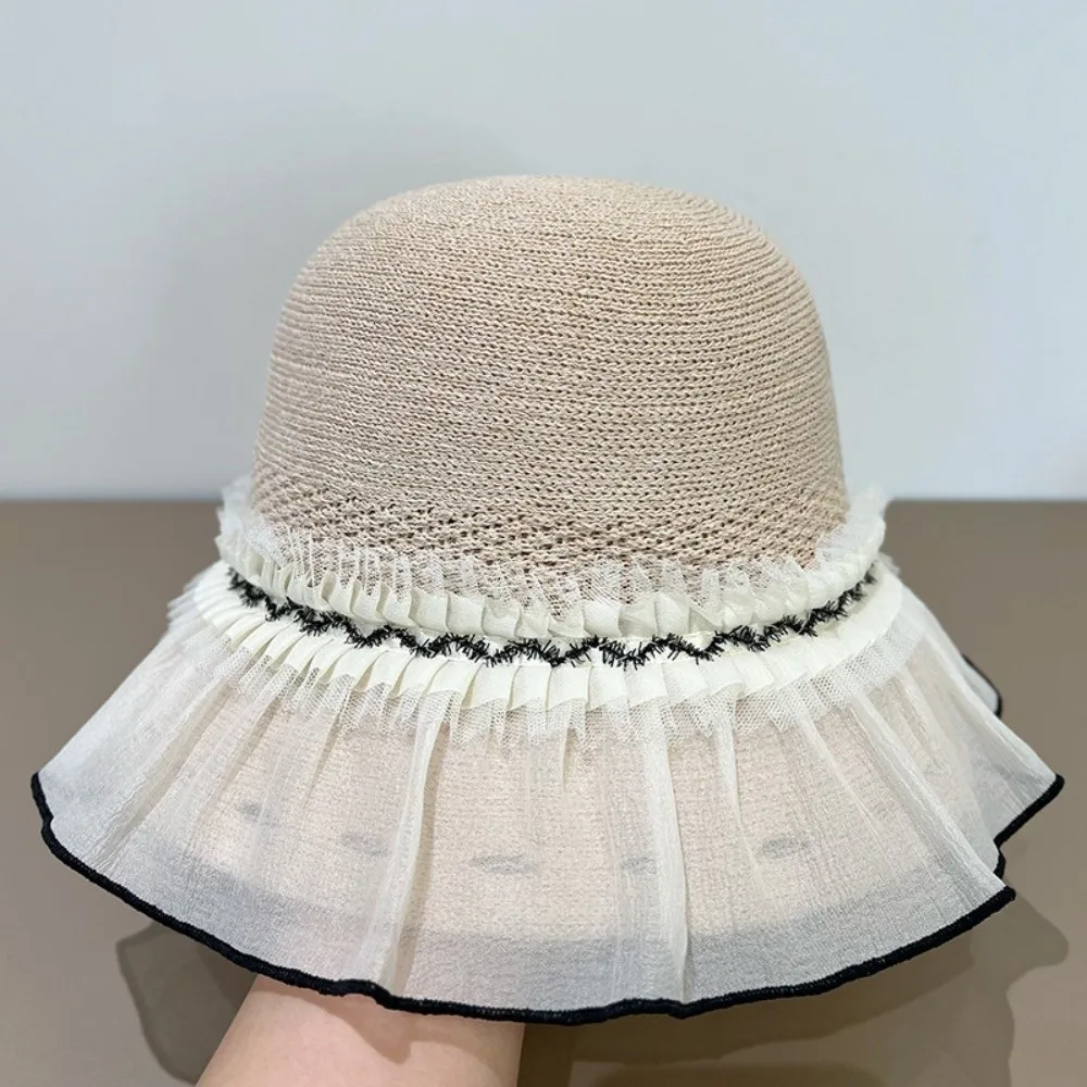 Modische Sonnenschutz-Fischerhüte für Damen, atmungsaktiver, eleganter Strohhut, Frühling/Sommer, mit Spitzenbesatz, Sonnenhut für draußen
