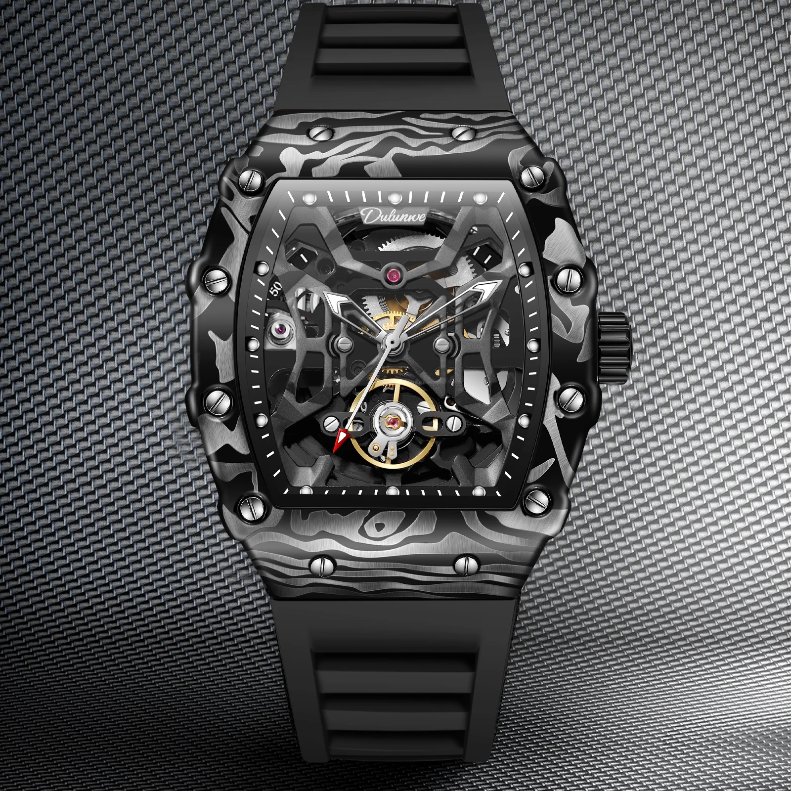 

Dulunwe Tonneau Barrel-Shaped Men's Automatic Mechanical Watch Fashion Hollow Imitation Carbon Fiber Pattern Design Wristwatch