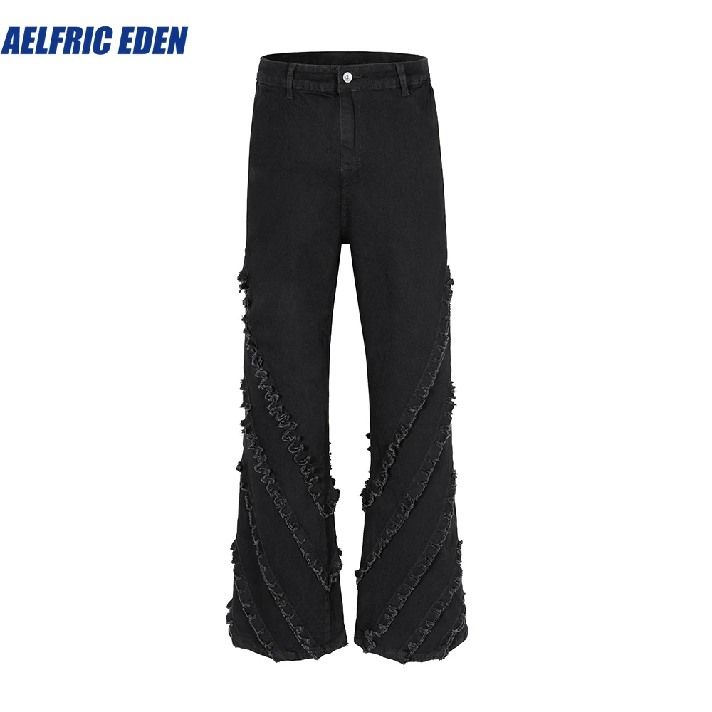 Aelfric Eden RO Style Rough Edge Fringe Washed Black Flare Jeans Pants Solid Color Baggy Denim Trousers Oversized Loose Cargos