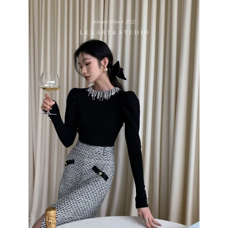 خريف شتاء تصميم جديد لؤلؤة شرابة المرأة سليم قاع سترة النمط الفرنسي الأعلى #3