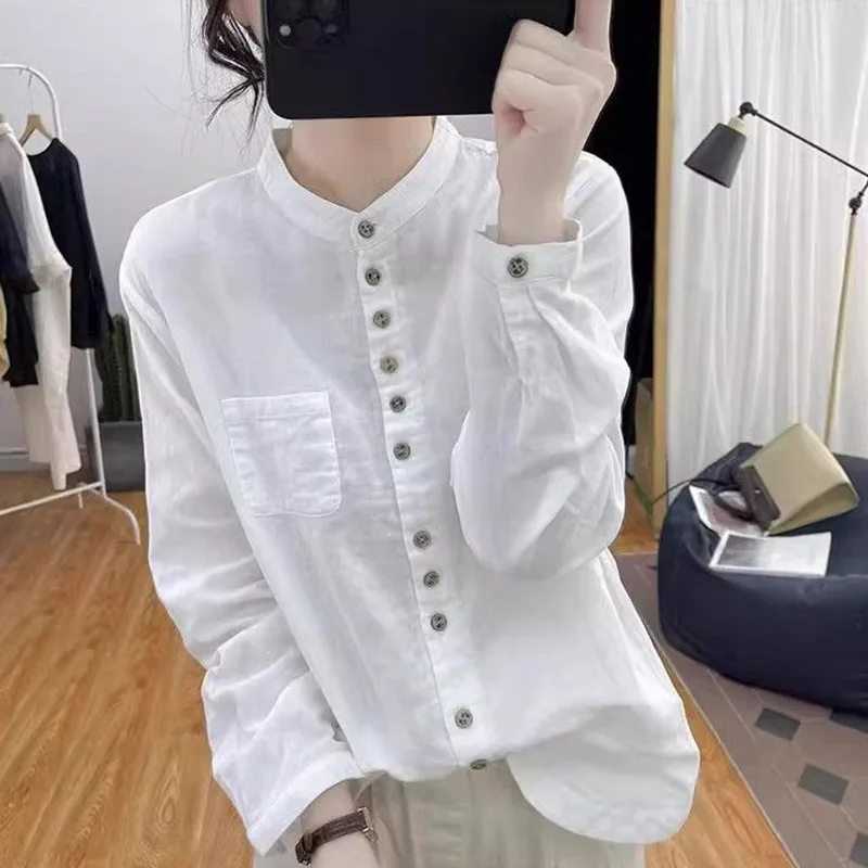 Women Vintage Cotton Linen Blouse Stand Collar Single Breasted Long Sleeve Loose Casual Pocket Shirt For Spring Autumn
