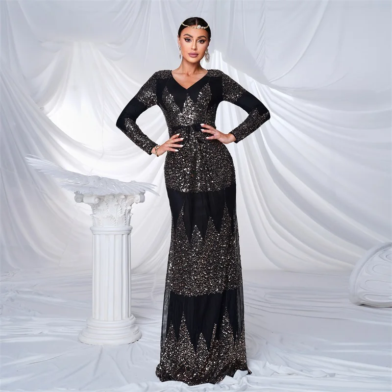 

Luxury Black Sequins Women Prom Dress V Neck Party Skirt Robes Full Sleeves Sheath Long Formal Birthday Red Carpet Evening Gown