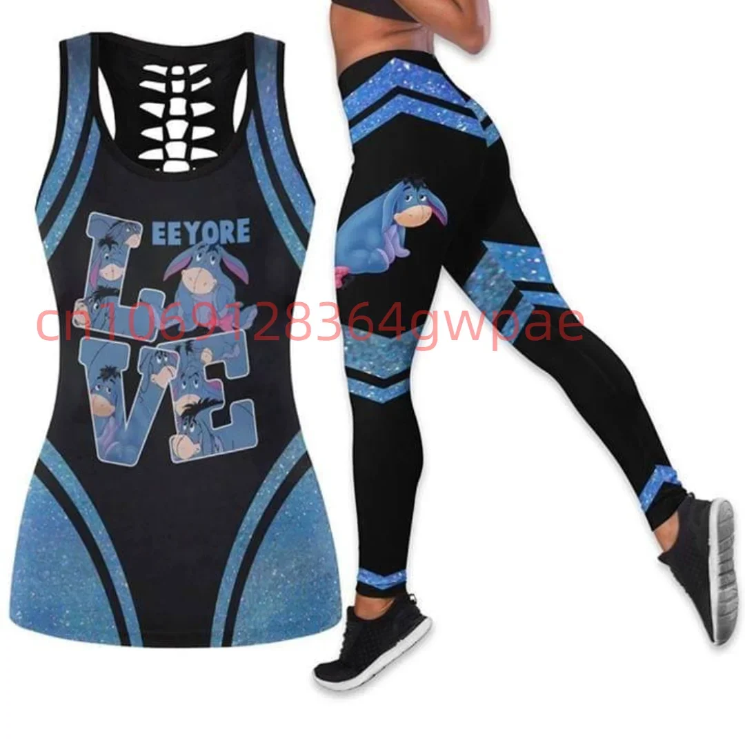 Disney Eeyore Women's Cutout Y2k Tank Top Leggings Yoga Set Summer Fitness Leggings Tracksuit Hollow Tank Top Leggings Set