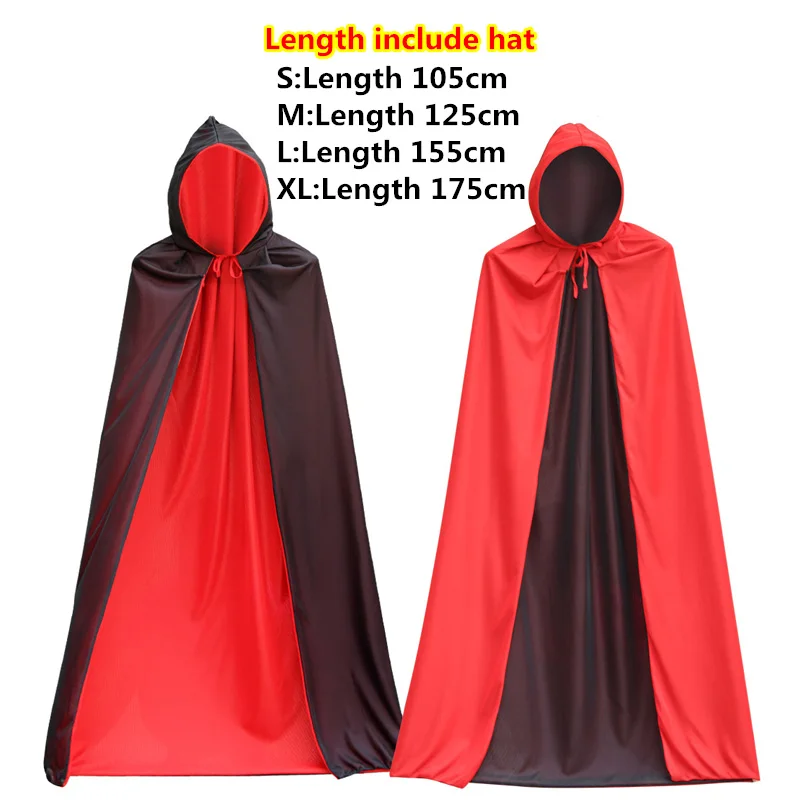 Manto longo com capuz de Halloween, Colarinho de bruxas Preto e vermelho, Cosplay Vampire Cape, Pode usar em ambos os lados, adulto e criança