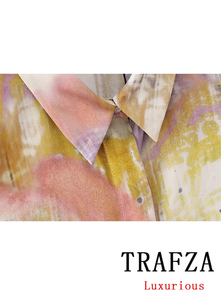 TRAFZA Vintage Casual Print Women Blouse Long Sleeve Turn-down Collar Single Breasted Loose Blouse Fashion 2024 Summer Shirts