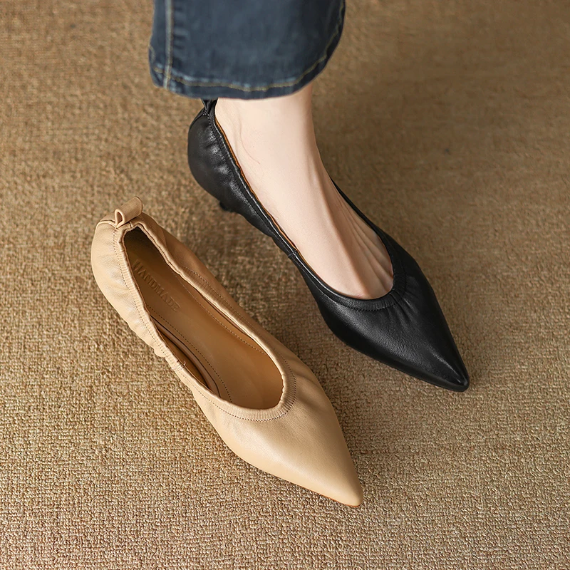 2023 new Spring women pumps natural leather 22-24.5cm sheepskin+pigskin full leather pointed toe low heels soft women shoes