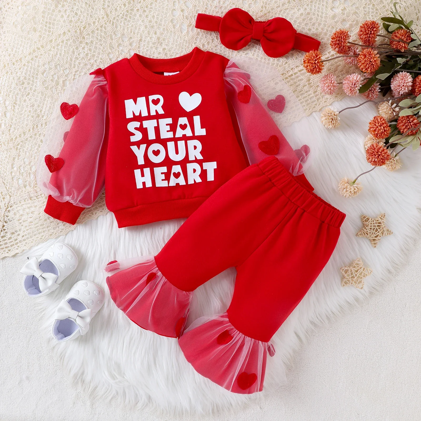 PatPat 3PCS Baby Girl Sweet Fabric Stitching Letter Pattern Set  Soft and Comfortable  Perfect for Outings and Daily Wear