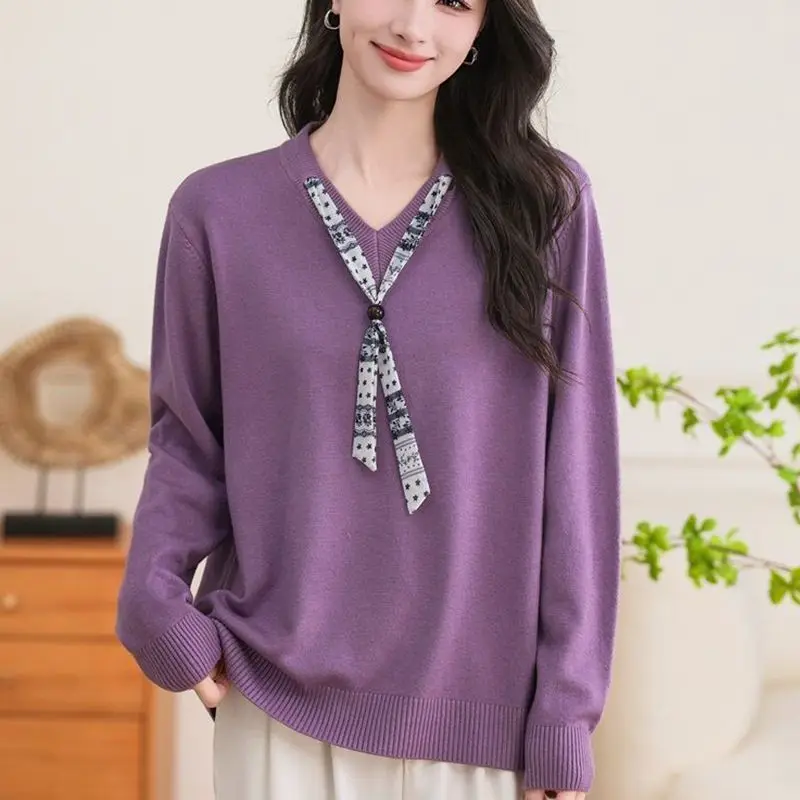 Women V Neck Knit Sweater With Decorative Scarf Long Sleeve Loose Elegant Middle Aged Mom Warm Pullover Fall Winter Tops