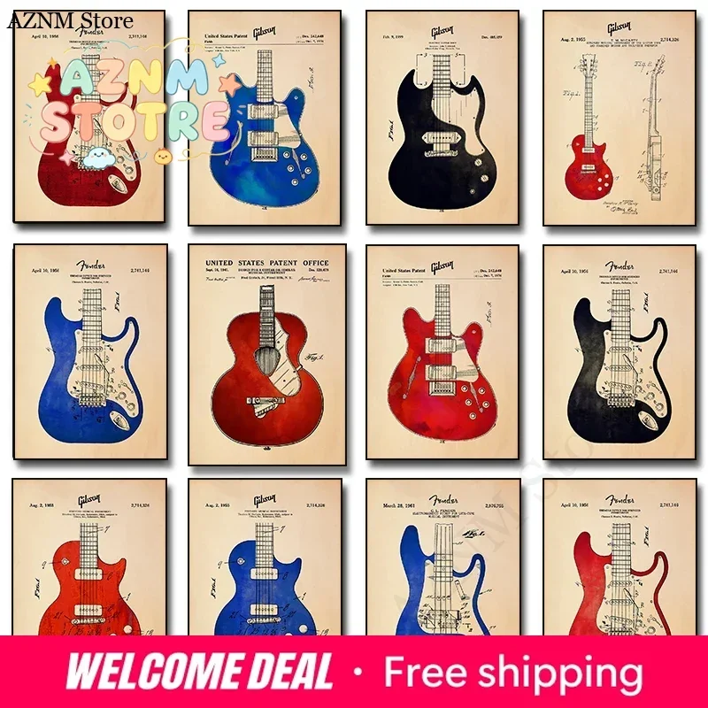 Electric Guitar Blueprint Fender Stratocaster Music Poster Print Wall Art Pictures Canvas Painting Room Home Decor Cuadros
