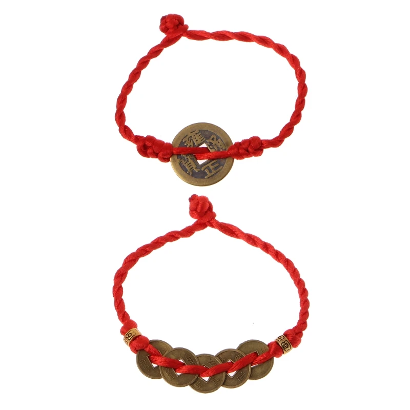 Simple Red String Braided Bracelet Lucky Copper Coins Pendant Kabbalah Bracelets Wealth Chinese Feng Shui Bracelet Gifts