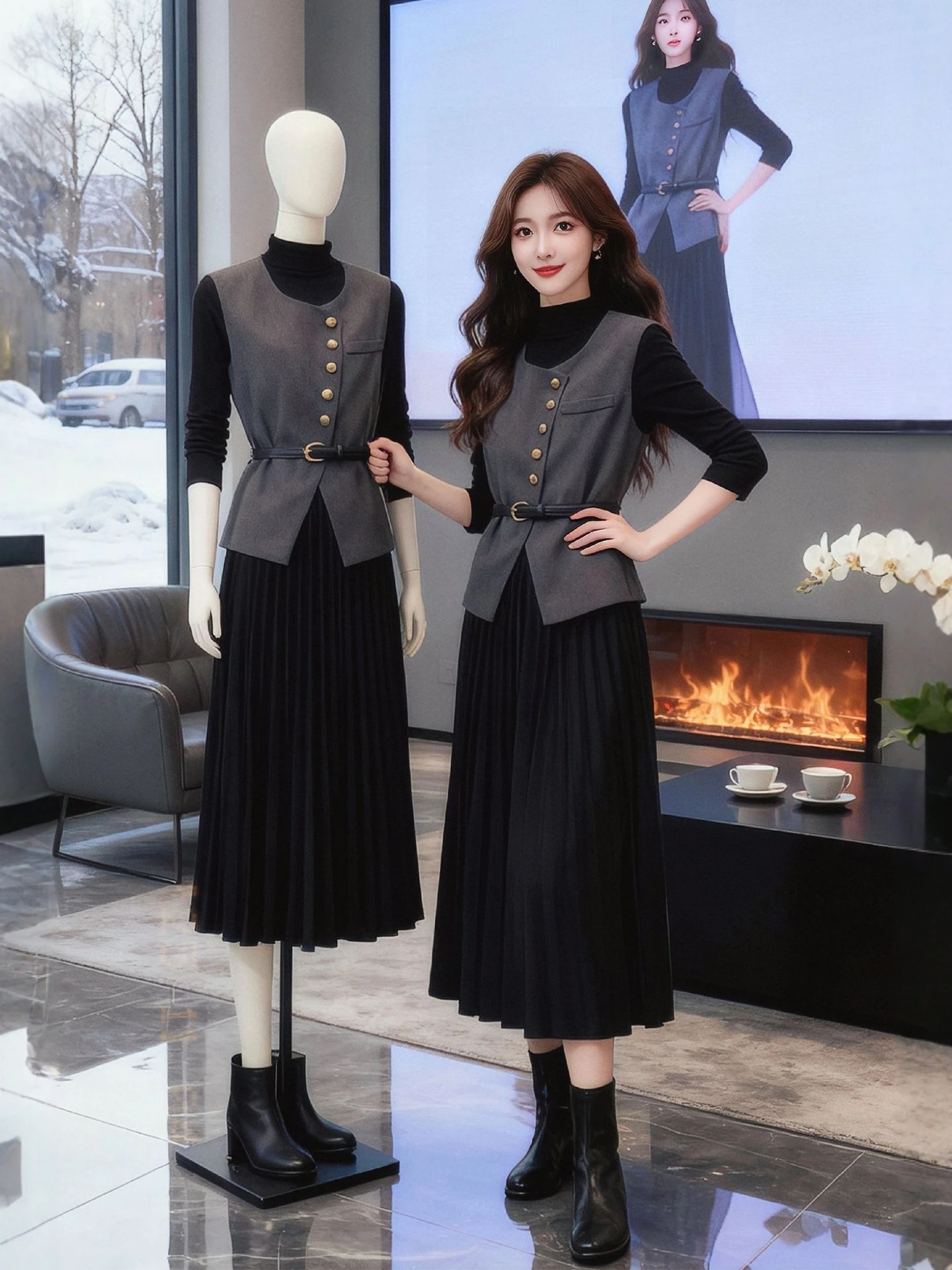 

plus Size Autumn Winter Faion Set Women's Long Sve Pleated Dr Layered Vest Lazy Chic Ensemble High Waist Loose Fit
