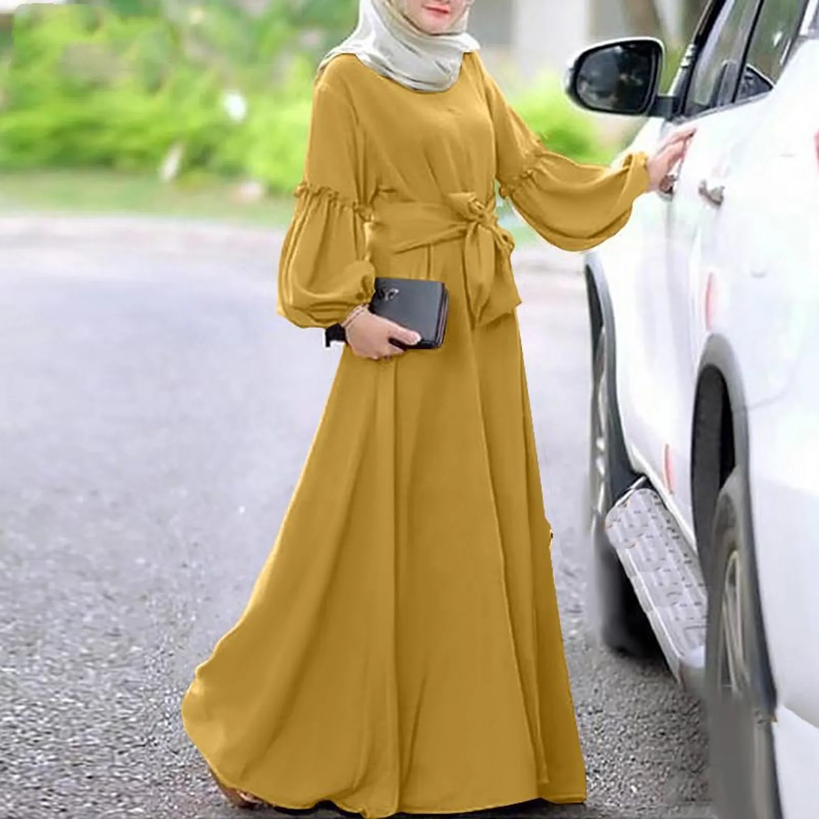 Prayer Clothes Women\'s Muslim Solid Color Long Sleeved Round Neck Ruffle Dresses Ramadan Abayas For Women Dubai Modest Robe