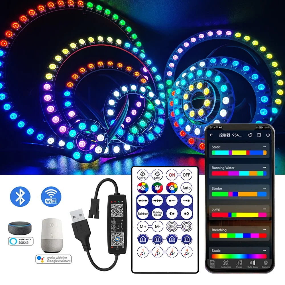 

WS2812B Led Ring 5050 BuiIt-in Individually Addressable 8/16/24/35/45 Pixels RGB With USB 28Keys Bluetooth Music Controller Kit