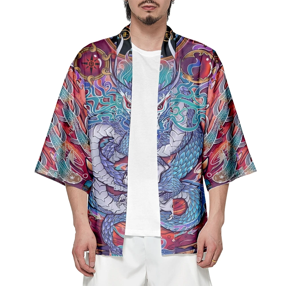 Traditional Men Samurai Dragon Print Kimono Haori Japanese Style Yukata Cardigan Shirts Harajuku Kimono