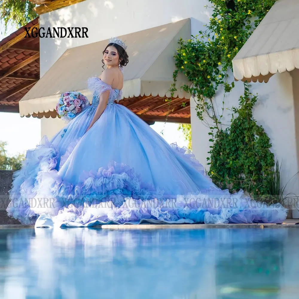 Sky Blue Quinceanera Dress 2024 with Feathers Crystals Applique Ruffles Ball Gown Sweet 16 Dress 15 Birthday Vestidos De XV Años