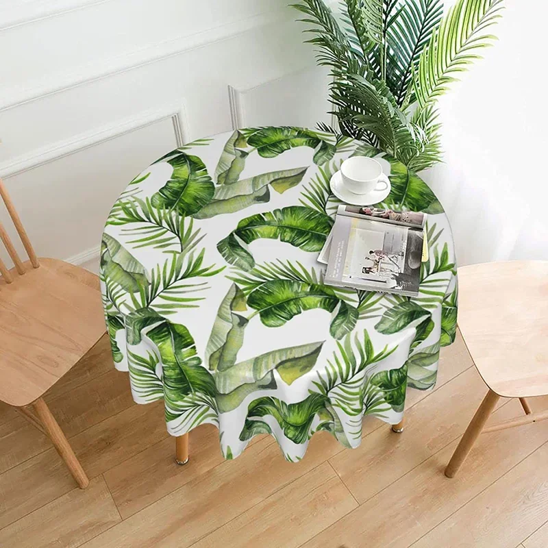 Tropical Palm Leaves and Flower Round Tablecloth Resistant Water-Proof Circular Table Cover Decorative for Kitchen Dining Picnic