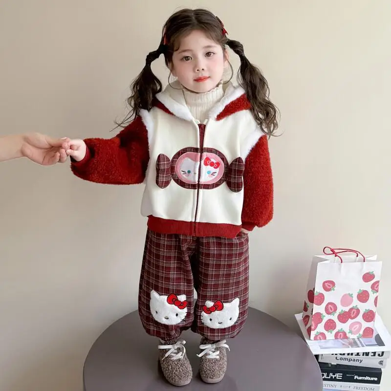

Sanrio детский костюм с капюшоном «Hello Kitty», осенне-зимний комплект одежды с хлопковой подкладкой, утепленное пальто в стиле аниме, брюки, 2 предмета, подарок для девочки