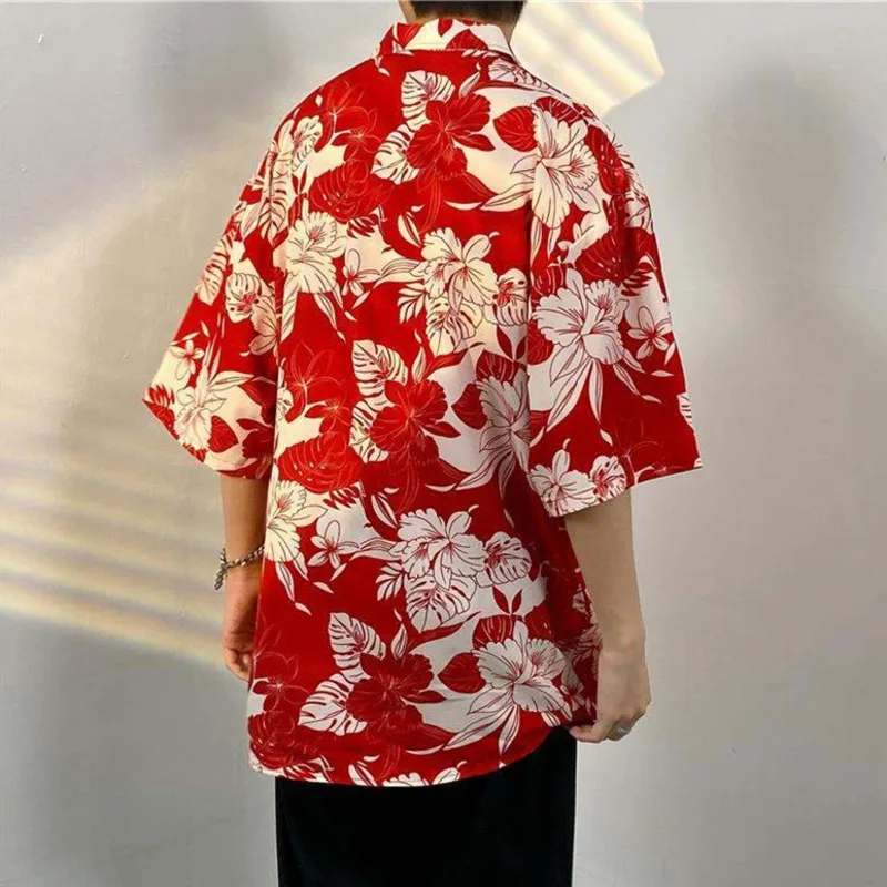 Summer Printing Short Sleeve Shirt Men Fashion Society Mens Dress Shirt Korean Loose Ice Silk Shirts Mens Hawaiian Shirt