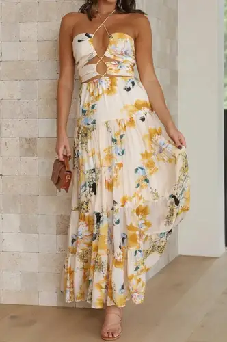 Imagen 2 del producto Nueva moda mujer vestido halter elegante estampado floral/color de contraste sin espalda sin mangas una línea vestido largo para el verano S M L