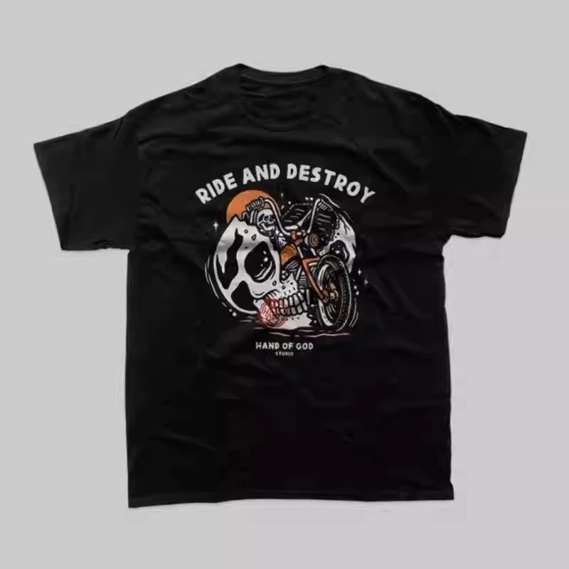 

American Retro Graffiti Cartoon Motorcycle Skull Butcher Harley Crew Neck Cotton Print Short-sleeved Men's and Women's T-shirts