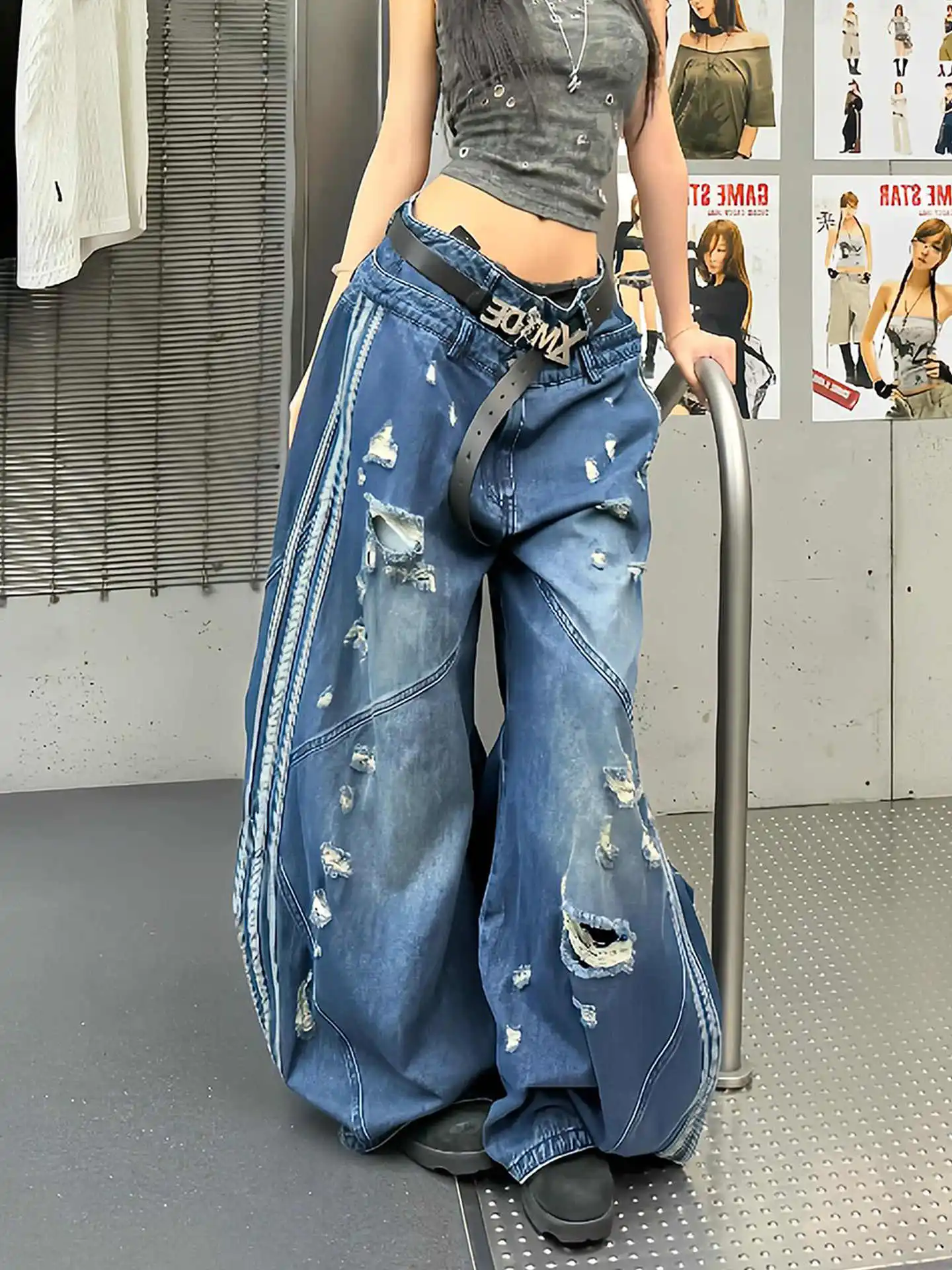 

Синие женские джинсы с высокой талией, винтажный дизайн, прямые мешковатые джинсовые брюки в стиле хип-хоп, уличные широкие джинсовые брюки Y2K в американском стиле